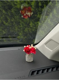 Resim MOTTOMOR Gümüş Taşlı Kırmızı Gül Mini Vazo Kokulu ve Çiçek Araba Torpido Aksesuarları, Çiçek Aksesuarları 