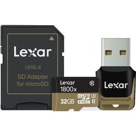 Resim Lexar Professional 1800x 32 GB MicroSDHC Class 10 UHS-II Hafıza Kartı + Adaptör + USB 3.0 Kart Okuyucu 