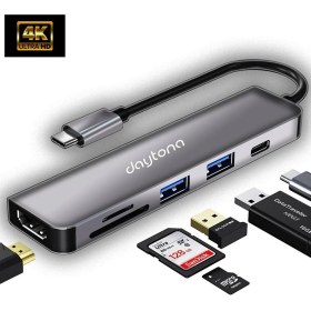 Resim Daytona Ch-13/c Macbook Uyumlu 6ın1 Type-C To 2* USB 3.0 Sd Tf 4K Hd 1080P HDMI Pd Kart Okuyucu Çevirici Adaptör 