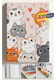 Resim Sayılarla Boyama Seti Numaralı Tuval Fırça Boya Dahil Kasnaklı Set 50x70 Cm - Sevimli Kediler 