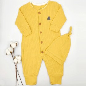 Resim Bebek Star Fitilli Şapkalı Hardal Bebek Tulumu %100 Cotton 