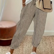 Resim Kadınlar İçin Çizgili Geniş Paça Günlük Pantolon - Yüksek Bel, Hafif Polyester, Makinede Yıkanabilir, Yan Çizgi Detaylı Her Mevsim Rahatlık 