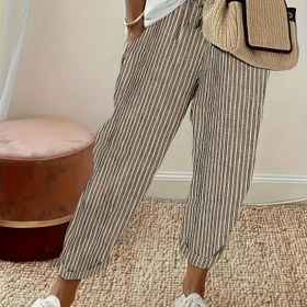 Resim Kadınlar İçin Çizgili Geniş Paça Günlük Pantolon - Yüksek Bel, Hafif Polyester, Makinede Yıkanabilir, Yan Çizgi Detaylı Her Mevsim Rahatlık 