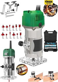 Resim SCHUTZENGER Alman 4200Rpm 6 Kademe Devir Ayarlı Formika Traşlama Freze Makinesi 6 Mm Pens + 12 Adet Uç YEŞİL 