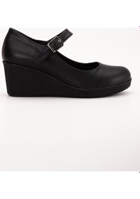 Resim Baretli Suni Deri Siyah Siyah Kadın Dolgu Taban Ayakkabı-4356 Siyah - Siyah 