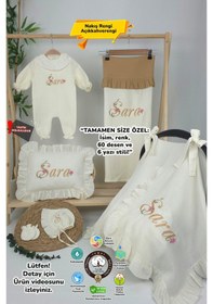 Resim Gros Shop Müslin Yeni Doğan 4katlı Organik %100pamuk Kişiye Özgü Nakışlı Hastane Çıkış Seti Papatya Model-13 Ekru-1 