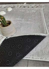 Resim Elite Gri Ponpon Saçaklı Peluş 2'li Banyo Paspası Halısı Kaymaz T Gri 