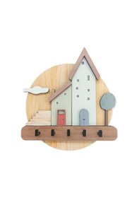 Resim CajuArt Pastel Renkli Evler Ahşap Anahtarlık Hol Antre Askılık Duvar Dekor Kahverengi 