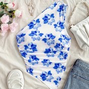 Resim Kadınlar İçin Şık Tek Omuzlu Çiçek Baskılı Tank Top - Mavi & Beyaz Asimetrik Tatil Stili, Yazlık Kıyafetler, Aziz Patrick Günü, Konserler ve Boho Chic Görünüm için Mükemmel, Esnek Kumaş 