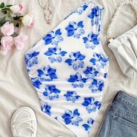 Resim Kadınlar İçin Şık Tek Omuzlu Çiçek Baskılı Tank Top - Mavi & Beyaz Asimetrik Tatil Stili, Yazlık Kıyafetler, Aziz Patrick Günü, Konserler ve Boho Chic Görünüm için Mükemmel, Esnek Kumaş 