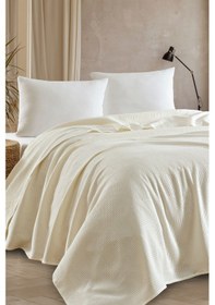 Resim Çift Kişilik %100 Pamuk Pike Örtü 200x230 Cm Karo Desenli Krem Weave Serisi Krem 