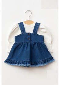 Resim Cantoy Kız Bebek Püsküllü Kot Jile Elbise Balon Bluz Lüks Jean Takım Koyu Mavi 