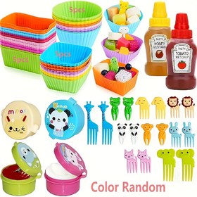 Resim 41 adet Sevimli Hayvan Temalı Öğle Yemeği Kutusu Aksesuar Seti - Mini Meyve ve Pasta Çatalları, Taşınabilir Ketçap ve Bal Sıkma Şişeleri, Öğle Yemeği Kutusu Süsleme için Silikon Kalıp, Parti Malzemeleri ve Hediyeler içerir 