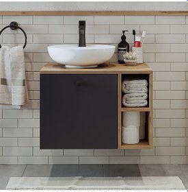 Resim Ayaksız Lavabolu Mdflam 65 Cm Çekmeceli Banyo Dolabı Atlantik Çam - Antrasit 