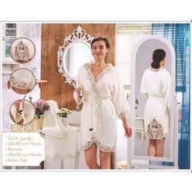 Resim Elena Krem Kadın Fransız Dantelli Balayı Çeyizlik Bornoz Seti Krem 