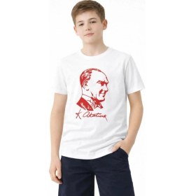 Resim Erkek Çocuk Atatürk Baskılı Tişört Kısa Kollu Bisiklet Yaka T-Shirt - Beyaz 