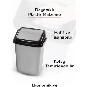 Resim Kapaklı Plastik Çöp Kovası - Ev Ofis Banyo Mutfak Çöp Kovası Gri 10 Litre 