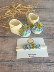 Resim seraskids El Örgüsü Krem Rengi Çiçek Demeti Kız Bebek Ayakkabı Patik Ve Bandana Set 