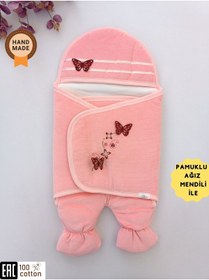 Resim Tomuycuk Pembe Kız Bebek Dış Kundak & Ayaklı Uyku Tulumu - %100 Pamuklu & Kelebek Nakışlı Bebek Tulumu 