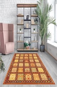 Resim Pelangi Etnik Kilim Deseli Dijital Baskılı Yıkanabilir Kaymaz Taban Modern Salon Halısı, Sarı-Kahverengi 80 x 600, OTCKLM28060005 