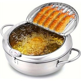 Resim Createtech Yağ Termometreli Tenceresi, Süzgeçli Pratik Mutfak Ekipmanı Kızartma Kamp Gümüş Fritöz Damlama 19.99cm, Tcherchi Tenceresi Eu Gümüş 