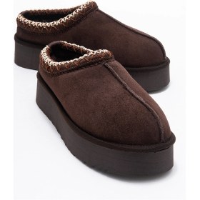 Resim Luvi Shoes Avelıa Kahverengi Süet Hakiki Deri Dikişli Kadın Kalın Tabanlı Kışlık Terlik Kahverengi 