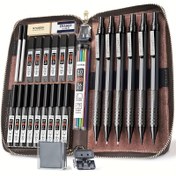 Resim STAGEEK 1 Sanat Metal Mekanik Kurşun Kalem Seti Deri Kılıf ile, 0.5, 0.7, 0.9 ve 2.0 mm boyutlarında 6 çizim kurşunu ve çizim ve yazma için 16 yenileme ile birlikte (Gümüş ve Siyah). 