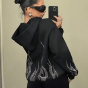 Resim Kadınlar için Geometrik Desenli, Fermuarlı, Polyester ve Spandex Karışımı, Makinede Yıkanabilir - Her Mevsim için Rahat Kapüşonlu Sweatshirt 