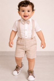 Resim Mika Bebek & Çocuk Bej Çizgili Kumaş Keten Gömlek Erkek Bebek Papyonlu Yazlık Salopet Bayramlık 