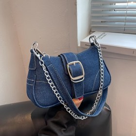 Resim Kadınlar için 2024 Modası Amerikan Tarzı, Fermuarlı, Polyester Astarlı ve Zincir Askılı, Düz Renk Denim Omuz Çantası 