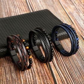 Resim Vintage Erkek Örgülü Doğal Obsidyen Bileklik, Kaplan Gözü Boncuklar ve Suni Deri Örgülü Çok Katmanlı Bileklik 