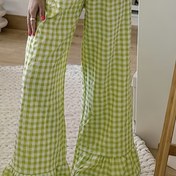 Resim Kadınlar İçin Şık Günlük Geniş Paça Pantolon - Yeşil & Beyaz Ekose Desenli Esnek Olmayan, Makinede Yıkanabilir Her Mevsim Rahatlık, Sevimli Kumaş Pantolon 