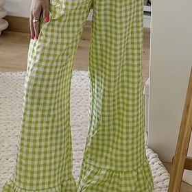 Resim Kadınlar İçin Şık Günlük Geniş Paça Pantolon - Yeşil & Beyaz Ekose Desenli Esnek Olmayan, Makinede Yıkanabilir Her Mevsim Rahatlık, Sevimli Kumaş Pantolon 