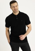 Resim Siyah Polo Yaka Slim Fit Dar Kesim Nakışlı Pamuk Tişört Kigili