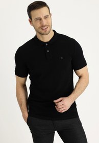 Resim Siyah Polo Yaka Slim Fit Dar Kesim Nakışlı Pamuk Tişört 