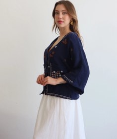 Resim Lusin Kadın Lacivert Etnik Nakış İşlemeli Cep Detaylı Düğmeli Yazlık Bohem Müslin Gömlek Kimono 