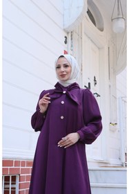 Resim HNT Hayrunnisa Tesettür Fiyonklu Düğme Detaylı Tesettür Elbise Mürdüm HNT1012 