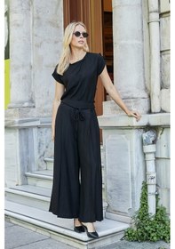 Resim Jument Kadın Likrasız Keten Görünümlü Yüksek Bel Yan Cepli Beli Bağcıklı Bol Paça Pantolon-siyah 