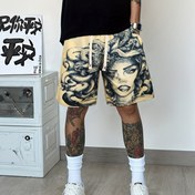 Resim Erkekler için Trendy Rahat Baskılı Atletik Şortlar - Sanatsal Portre Tasarımlı Siyah Polyester Karışımı, İpli Bel, Makinede Yıkanabilir, Günlük Kıyafetler İçin Rahattır 