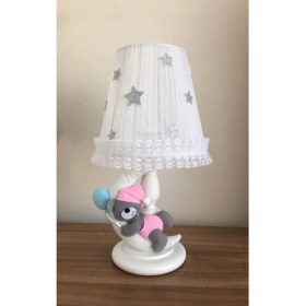 Resim Bebek Çocuk Odası Abajur Ay Ayıcık Gri Pembe Mavi Balonlu 