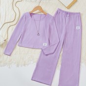 Resim Kızlar için Rahat Kare Yaka Uzun Kollu Üst ve Geniş Bacaklı Pantolon Takımı - Kırmızı, Bol Kesim ile Küçük Etiket Detayı, Rahat Esnek Kumaş, Bahar/Sonbahar için Mükemmel, Günlük Kıyafet|Kare Yaka|Rahat Kesim, Dış Mekan için 