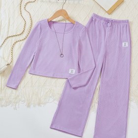 Resim Kızlar için Rahat Kare Yaka Uzun Kollu Üst ve Geniş Bacaklı Pantolon Takımı - Kırmızı, Bol Kesim ile Küçük Etiket Detayı, Rahat Esnek Kumaş, Bahar/Sonbahar için Mükemmel, Günlük Kıyafet|Kare Yaka|Rahat Kesim, Dış Mekan için 