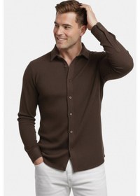 Resim Deep Sea Deepsea Kahve Slim Fit Örme Kumaş Likralı Erkek Gömlek Nefes Alan Esnek Ve Modern Tasarım 2602604 