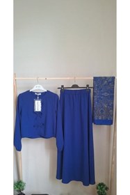 Resim ALTINATMAZ Saks Mavisi Fiyonk Detaylı İkili Kimono Takım - Elegant Etek Bluz Seti 