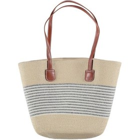 Resim Bipamuk Modern Tasarım Kadın Hasır Çanta Plaj Çanta Rattan Çanta Çizgi De Krem 