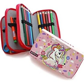 Resim Unicorn Temalı Pembe Kalem Kutusu, Vegan Deri Tasarım 124-Pembe 