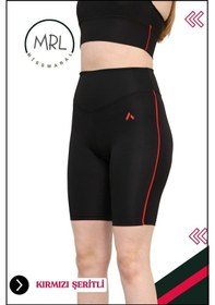 Resim Kadın Siyah Yüksek Bel Toparlayıcı Biker Şort Kısa Spor Tayt Likralı Dalgıç Biker Tights 1043 Siyah Kırmızı 