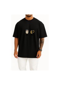 Resim Bahriyeli Collection Oversize Sabah Kahve Akşam Beer Göğüs Ve Sırt Tasarımlı Unisex T-shirt Siyah 