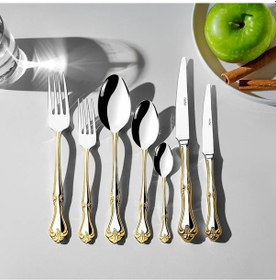 Resim Nehir Lalezar Altın Sade 12 Kişilik 84 Parça Deri Kutulu Çatal Kaşık Bıçak Takımı Altın - Gümüş 