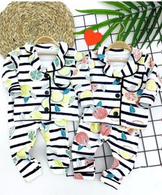 Resim 9-12-18-24 Ay Çizgili Meyve Desenli Düğme Kapamalı 2li Kız Erkek Bebek Pijama Takımı Sarı Sari 